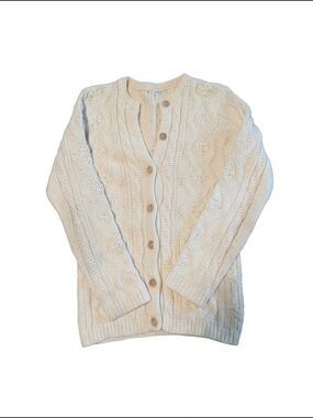 Vintage Off-White Wool Cable Knit Sweater Cardigan - Grandmacore